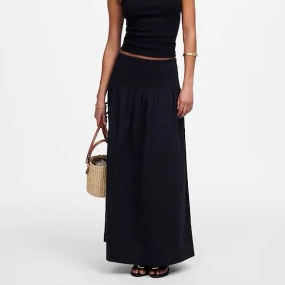 Madewell Smocked Waist Poplin Midi Skirt Black Size XL NWT - Picture 1 of 8